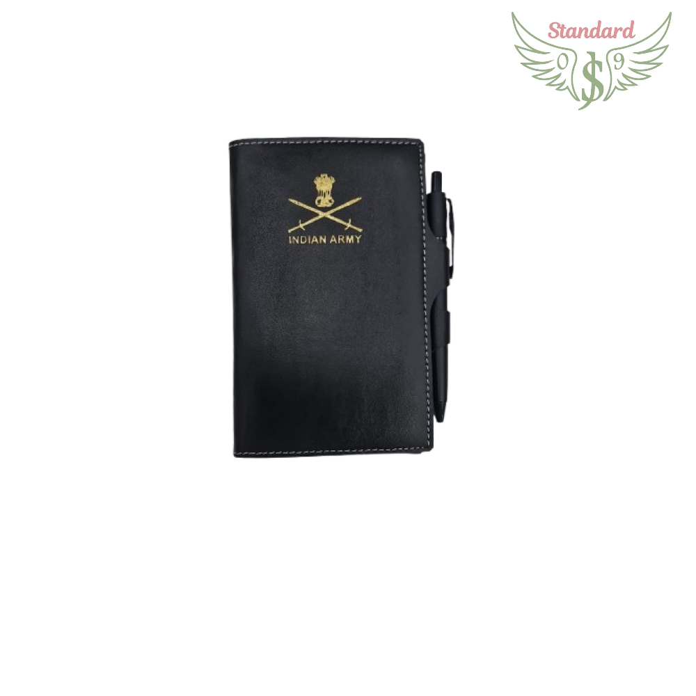 Diary with Indian Army Logo (Black Leather) (Size – 10cm X 17cm)